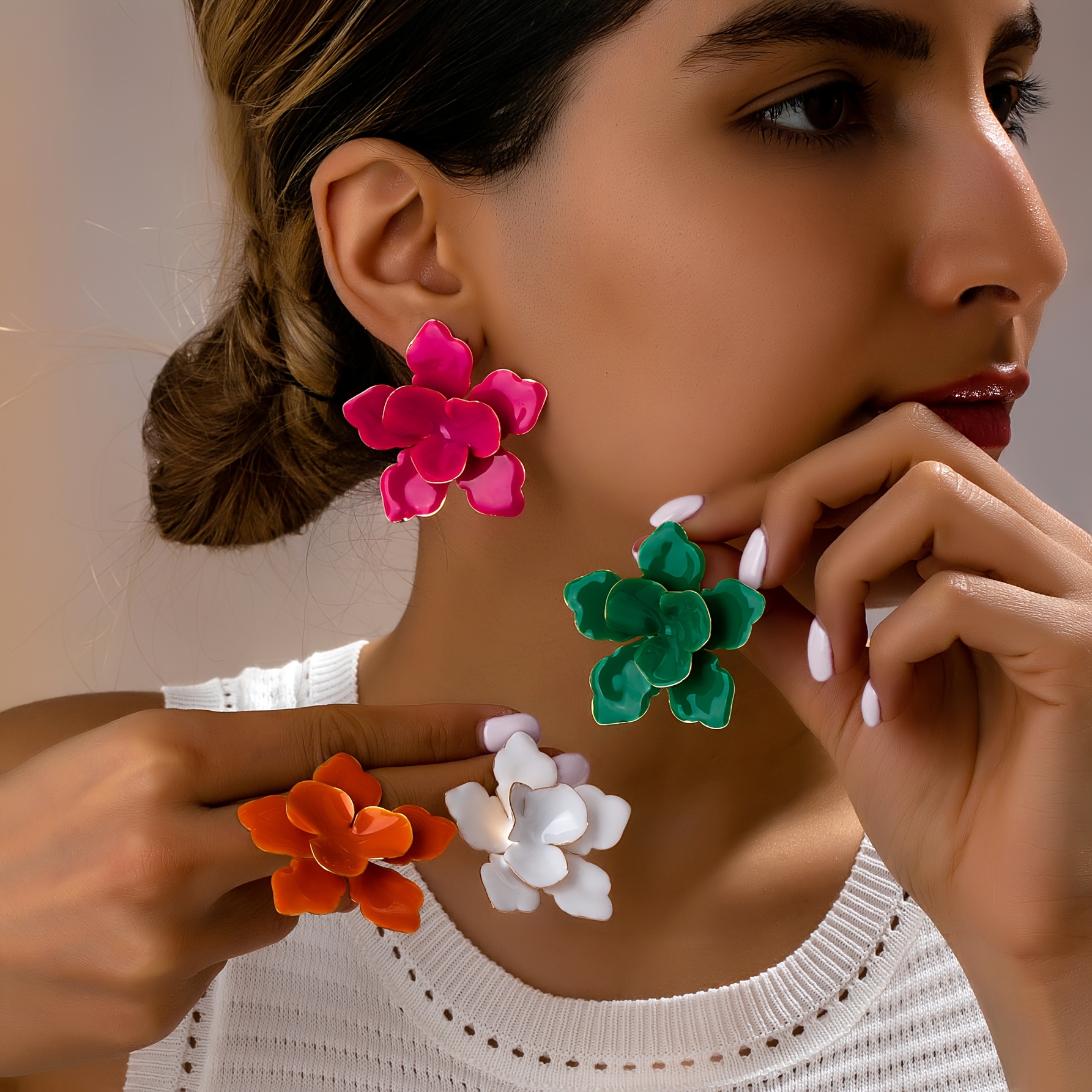 2pcs Colorful Glazed Geometric Flower Stud Earrings Set